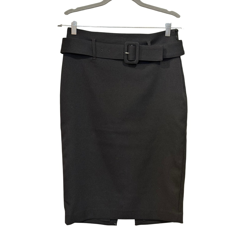 Express Womens Black High Waist Belted Pencil Skirt Career Slit Glam Chic Size 6